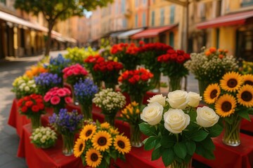 Blooming displays at the historic flower marketplace in the heart of a charming coastal city