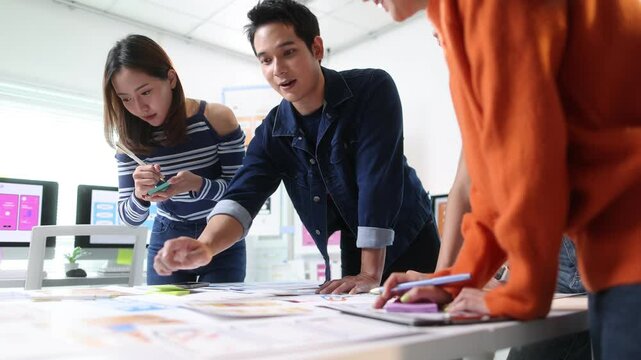 Professional Asian designers collaborating on mobile application user interface, developing innovative ux prototype with creative teamwork and strategic planning.