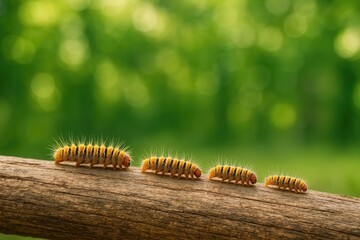 Fototapeta premium Group of worms crawling on a log with a lush green bokeh backdrop