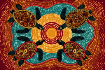 Keuken achterwand Bordeaux Landscape with turtles in decorative ethnic style.Australia culture art with river and tortoise.Aboriginal style of dot painting.For flyer,poster, banner, placard, brochure.Stock vector illustration  © Daniel