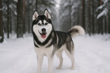Obraz premium Stunning Siberian Husky in a snowy woodland scene