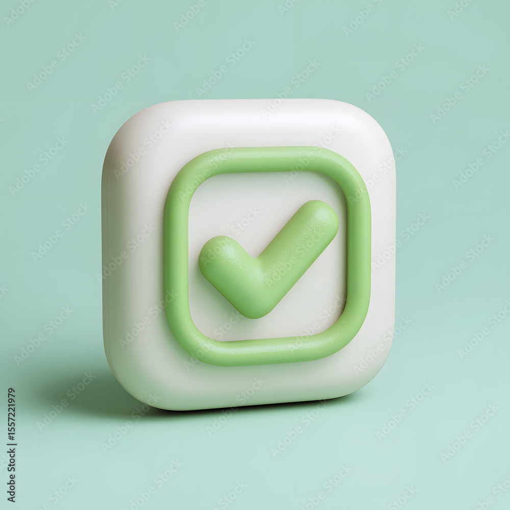 Fototapete 3d rendering of a white square with a rounded green check mark inside, against a light green backgro