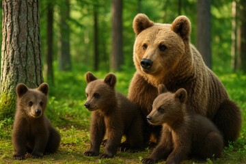 Obraz premium Summer forest scene with a mother bear and her cubs