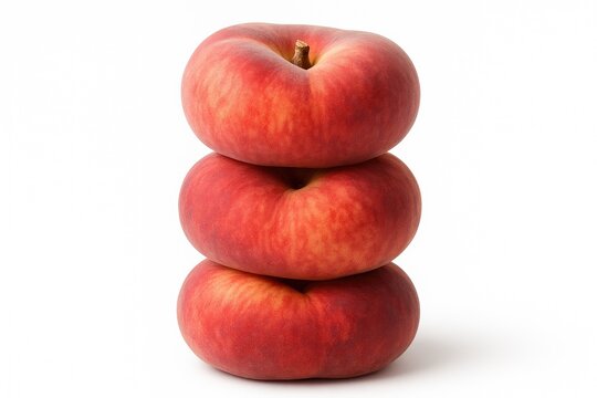 Three flat peaches stacked together, isolated on a white background with a clipping path.