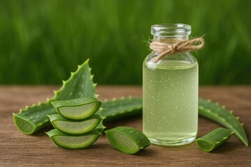 Tiny bottle of Aloe Vera extract alongside aloe pieces on a table with selective focus