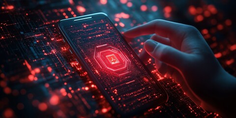 A hand holding a smartphone with a glowing red security lock icon, surrounded by a futuristic, digital red and black data environment.