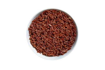 Top view of a white bowl filled with cooked brown rice isolated on white background.          