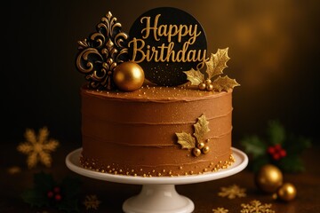 Elegant Black and Gold Birthday Cake Decoration with Fresh Elements