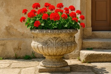 An old-fashioned flowerpot featuring a vibrant red geranium