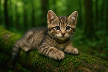 Fototapeta premium A close-up of an adorable kitten resting on a tree branch blanketed with moss