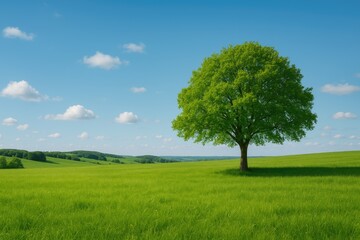 Scenic summer vista featuring a lone tree amidst lush green fields with ample space for text