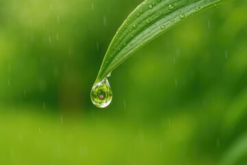 Close-up of a water droplet clinging to a leaf during a summer rainstorm