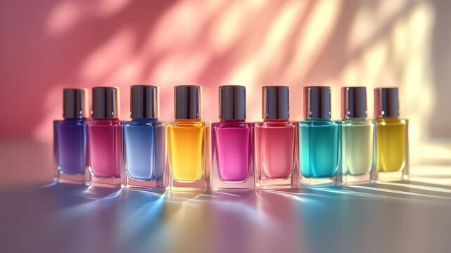 Colorful glass perfume bottles with silver caps arranged row, vibrant liquid fragrance inside, sunlight casting soft shadows, elegant modern aesthetic, cheerful mood, stylish atmosphere