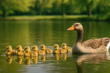 Obraz premium A collection of tiny, soft, and fuzzy ducklings paddling alongside a mature goose on a pond in a park area in Southwest London.