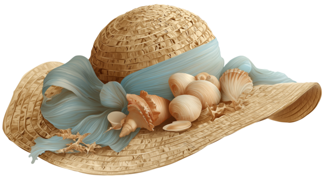 Straw beach hat with seashells and ribbon, summer vibe, isolated PNG 