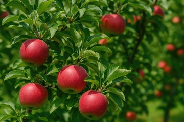 Green-leaved apple trees laden with fruit
