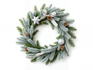 Christmas wreath with silver decorations and pine cones on white background  