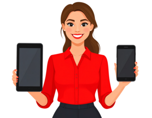 Confident woman in a red blouse holding a tablet and phone, smiling, with a white tra  