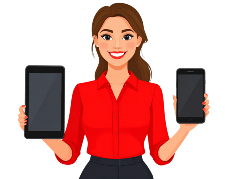 Confident woman in a red blouse holding a tablet and phone, smiling, with a white tra