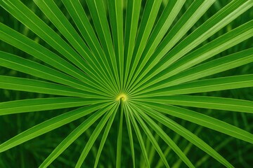 Close-up of a vibrant green Chamaerops palm leaf with a natural background