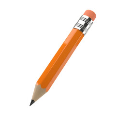 A single sharp orange hexagonal pencil with a metal ferrule and pink eraser isolated on a white background