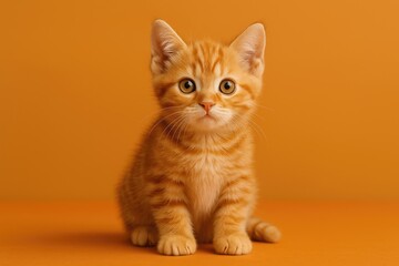 Obraz premium Cute orange tabby kitten perched on a vibrant tabletop, looking around with big, curious eyes
