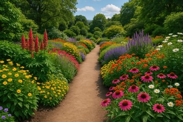 A trail bordered by blooming flowers and lush greenery