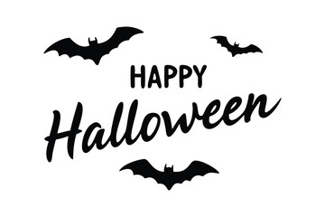 happy halloween text with flying bat silhouettes on white background