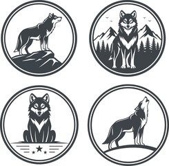 Four wolf emblems in circles with different poses and backgrounds art