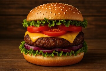 Hearty beef burger topped with fresh vegetables on a rustic wooden surface