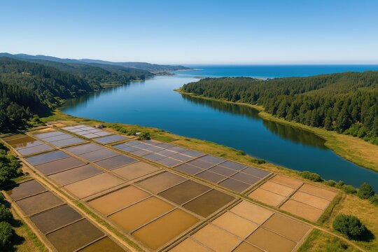 Bird's-eye view of a coastal region with salt flats and wetlands