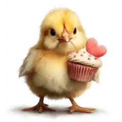 Cute chick holding a cupcake with a heart decoration.
