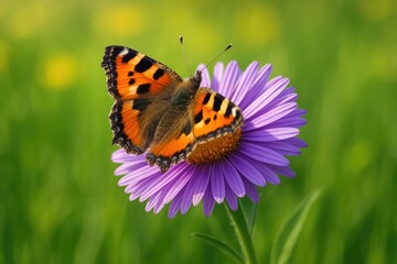 Obraz premium Aster Blossom with Butterfly Amidst a Scenic Summer Landscape
