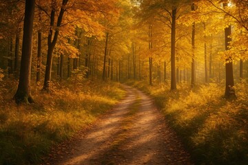Golden leaves glow in an autumn woodland with a trail of footsteps
