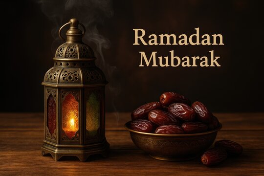 Festive Arabic Lantern and Dates Display on Wooden Surface for Ramadan Celebration