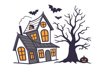 halloween haunted house silhouette bats pumpkin tree on spooky night