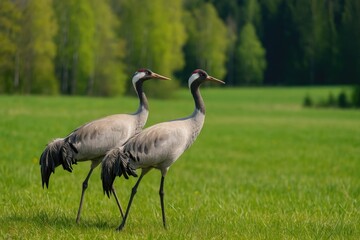 Obraz premium Two construction cranes in a grassy field
