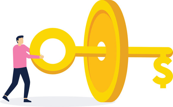 The key to wealth, the key to success, investing money and return on investment, the solution to make money, businessmen take the key to open the gold coins

