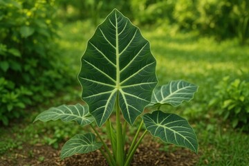 A stunning Alocasia foliage displayed in a cozy garden setting