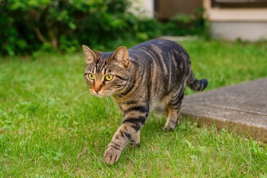 Feline exploring outdoor garden area, attempting to escape the home perimeter, belonging to a mixed breed domestic cat.