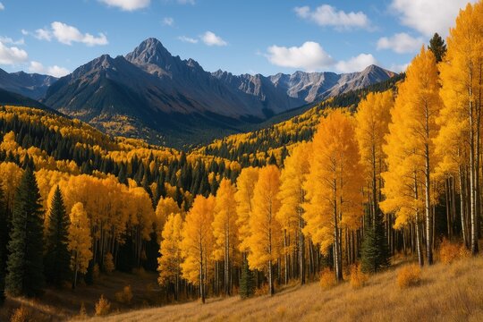Fall scenery featuring golden foliage and mountain views