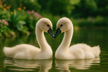 Obraz premium Graceful juvenile swans gliding across a serene lake