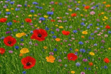 Fototapeta premium A vibrant field of wildflowers featuring bright poppies, ideal for pollinators