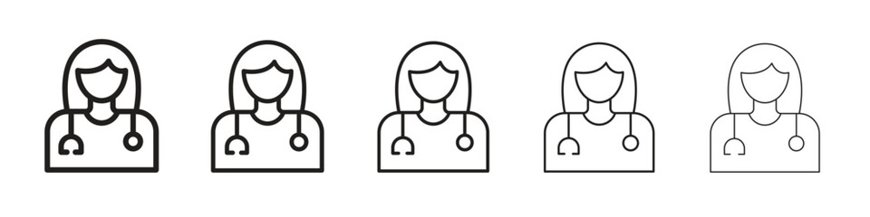 Woman Doctor iconBlack linear bold and thin strokes set