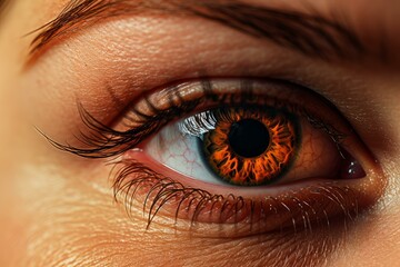 Naklejka premium Extreme close up of a woman's eye revealing an intense orange iris and long, dark eyelashes