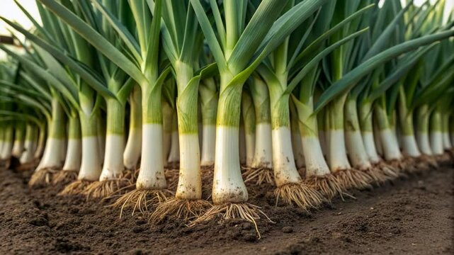 Leeks flourish beautifully in rich soil, showcasing a healthy harvest and vibrant green growth in this close-up farm field view with organic vegetables.