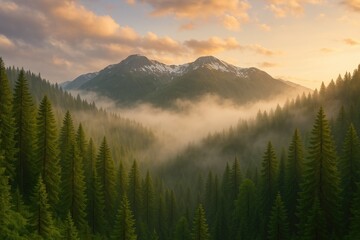 Obraz premium Lush green woodland shrouded in mist on mountain peaks