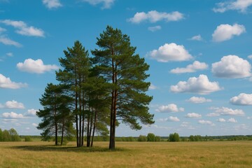 A cluster of pine trees standing in a meadow beneath a vibrant spring sky filled with clouds and sunshine