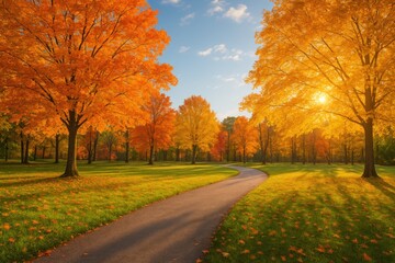 Fototapeta premium Vibrant autumn scenery showcasing a park's fall foliage illuminated by sunlight