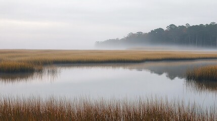 Fototapeta premium Chesapeake Bay marshland cordgrass patterns: morning fog soft focus background for conservation education, tranquil art 